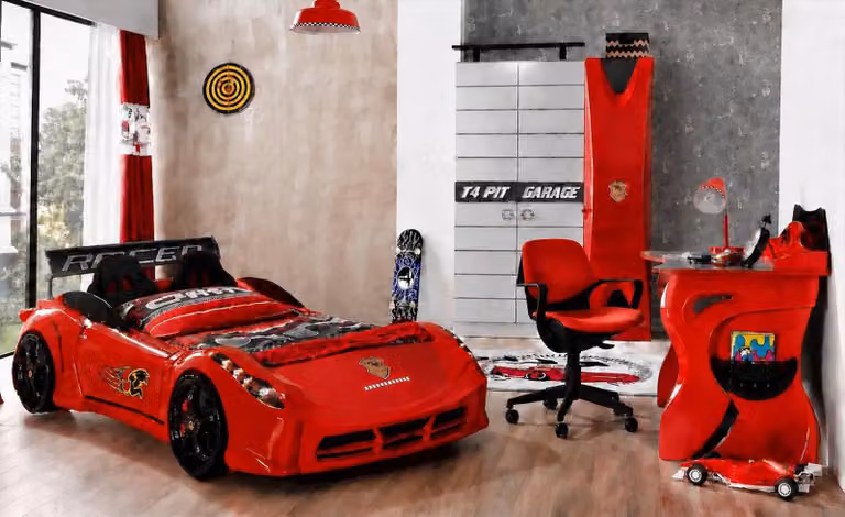 Letto a forma di auto da corsa per bambini, armadio, scrivania, set completo