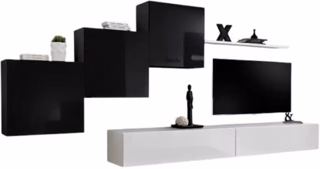 Composizione murale SWITCH X – Mobile TV da parete, cubi sospesi e mensola – Bianco e nero lucido – Design moderno