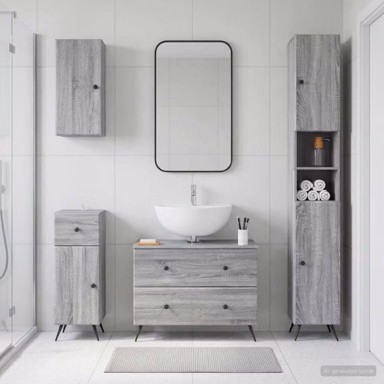 Set di mobili da bagno 4 pezzi vidaXL BREDA Sonoma grigio moderno con vanità e pensili a muro