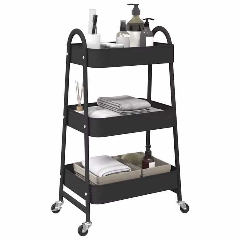 Carrello portaoggetti a 3 ripiani vidaXL in acciaio nero e trasparente L/P/H: 42 x 41,5 x 77 cm