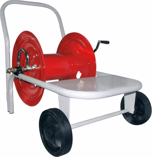 Carrello avvolgitubo Pompeo MC100 rosso in acciaio e ottone per irrorazione da 100 m