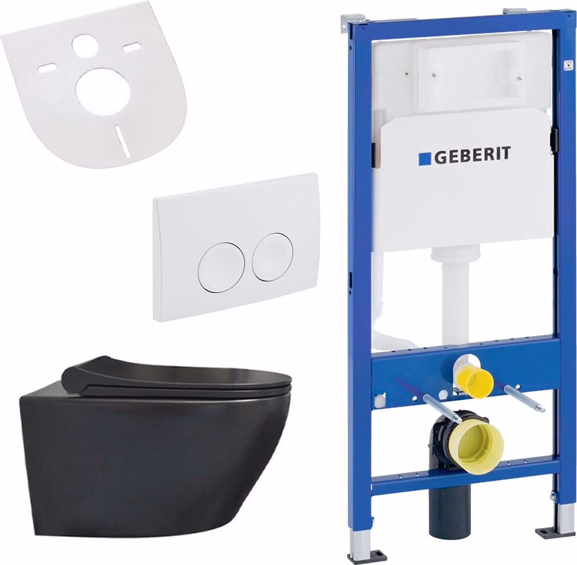 Set WC da parete Belvit senza brida, nero opaco, con sedile WC Softclose e elemento da incasso Geberit UP100 in Vetroceramica