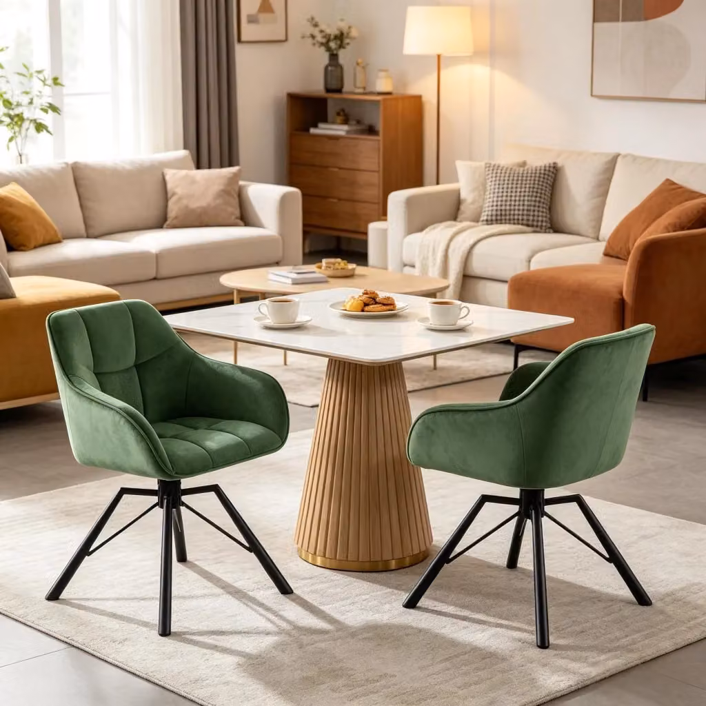 Set da 2 sedie da pranzo Mivray girevoli a 360 in velluto verde scuro con braccioli e gambe in metallo L: 58,5 cm, P: 82,5 cm, H: 54,5 cm – 2