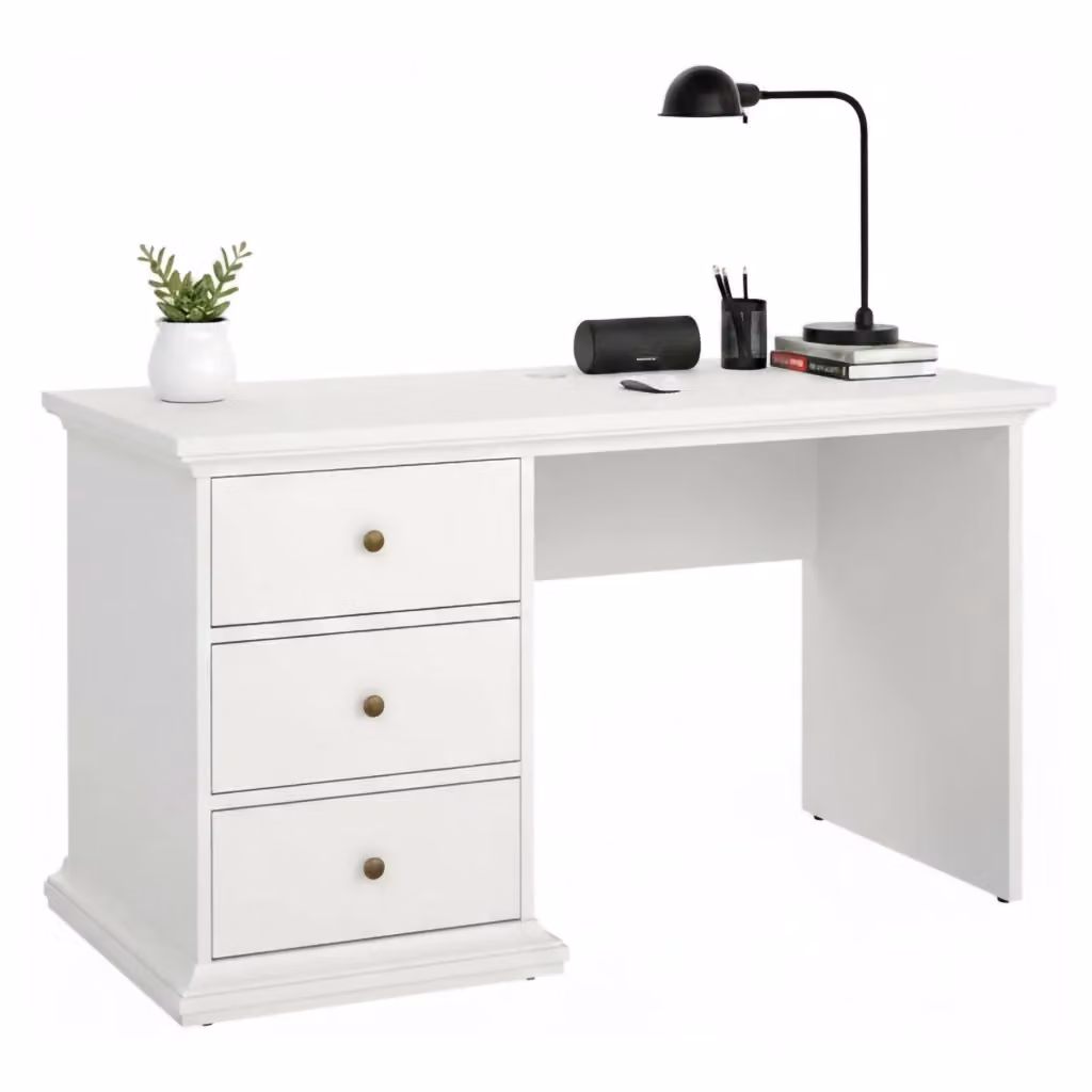 Scrivania DMORA moderna con cassettiera, tavolo per ufficio e computer in MDF bianco opaco, L: 130 cm, P: 62 cm, H: 74 cm – 2