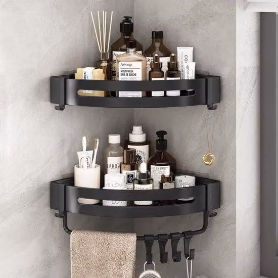 Pannello angolare per doccia, senza foratura, colore nero, confezione da 2 pezzi. Ideale per docce, bagni, cucine e toilette. Adatto per shampoo e bagnoschiuma. Forma triangolare