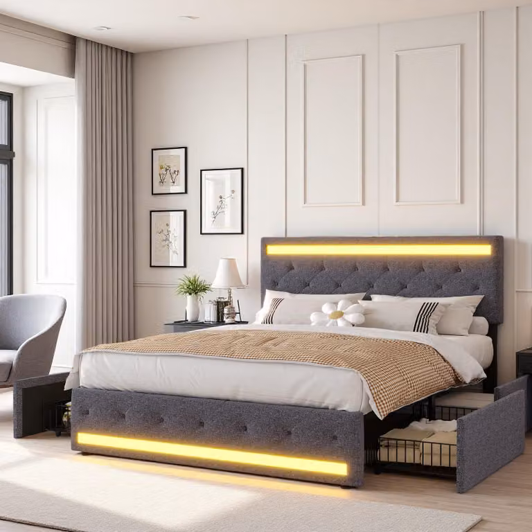 Letto imbottito INONEFT, 160x200 cm, moderno letto con box contenitore, illuminazione LED e porte USB, letto per ragazzi con 4 cassetti contenitori, senza materasso, tessuto: lino, colore: grigio scuro