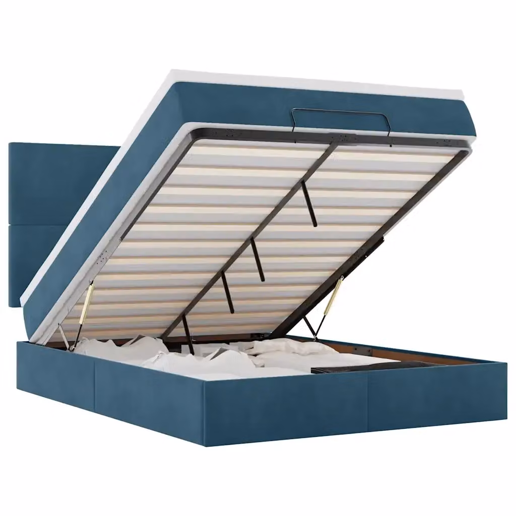 Letto con Contenitore a Sollevamento e Illuminazione Sotto il Letto vidaXL in Velluto Blu e Bianco L/P/H: 200 x 140 x 28 cm – 2