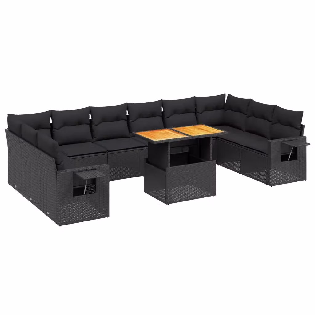 vidaXL Set Divani da Giardino 11 pz in Polyrattan Nero con Cuscini e Tavolino da Esterno – 2