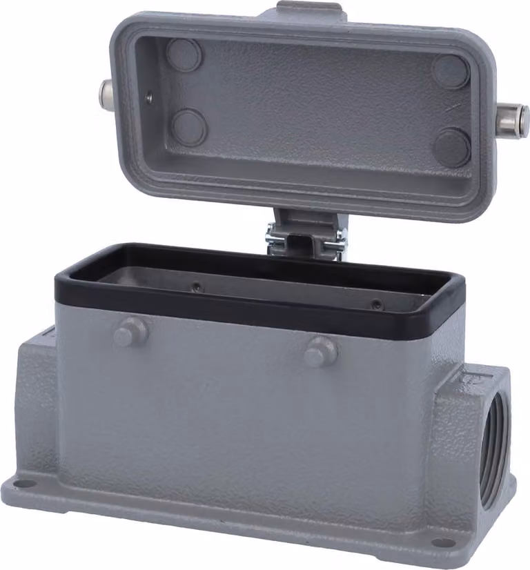 HARTING Han 16B Base bassa, 2xPG21 uscita cavi laterale, per 2 staffe (nella parte superiore) con cappuccio protettivo in metallo
