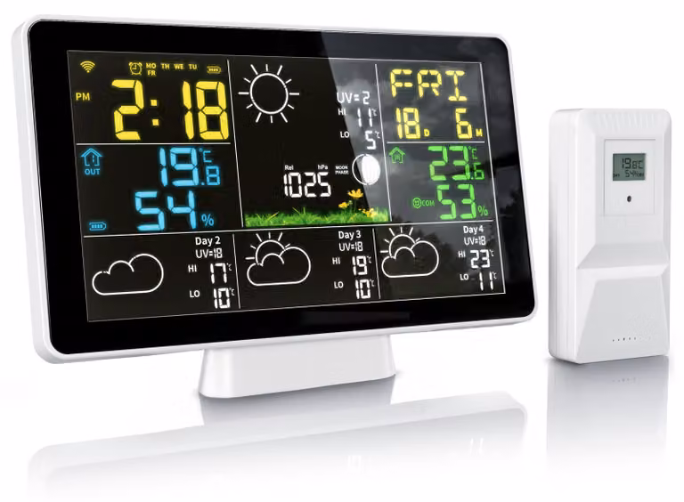 Stazione meteorologica wireless Brandson con sensore esterno, display a colori da 7,5 pollici, app Tuya Smart, barometro, igrometro, previsioni del tempo per 4 giorni, sveglia, fasi lunari, colore nero e bianco