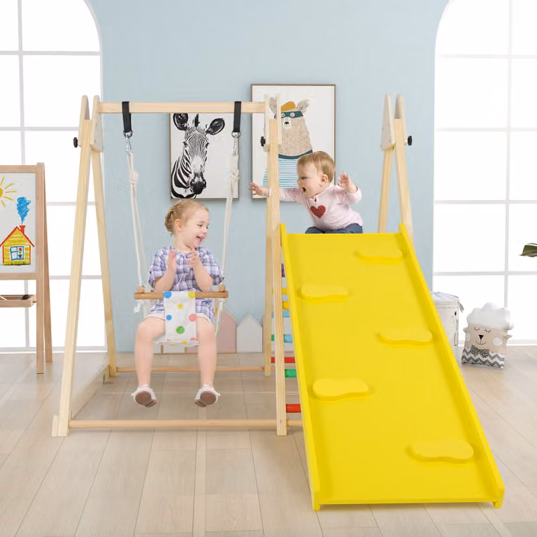 Costway Palestra da interno 4 in 1 per bambini dai 12 mesi in legno Multicolore con altalena e struttura da arrampicata Set Montessori per attività motorie