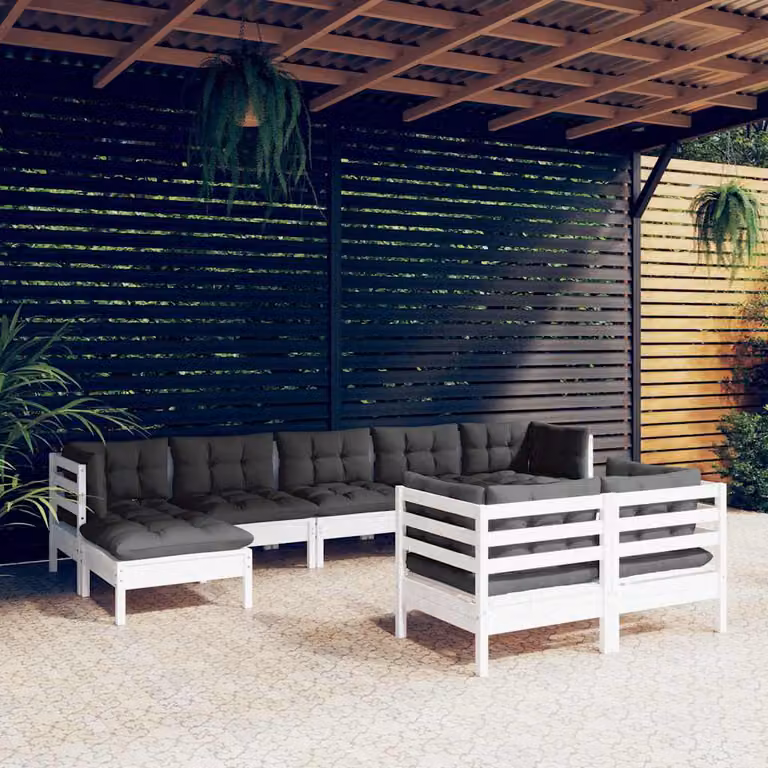vidaXL Set Divani da Giardino 9 pz a Forma a L in Legno di Pino con Cuscini Bianchi e Antracite