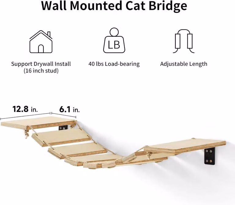Ponte sospeso per gatti - Scaletta da arrampicata a parete - Ponte sospeso per parete per gatti - Colore legno naturale