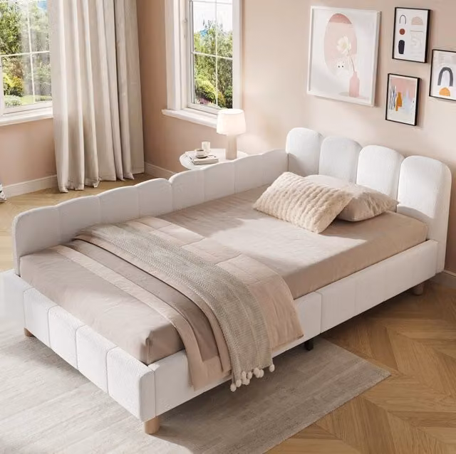 Letto singolo per bambini in bouclé beige con sponde regolabili e rete a doghe