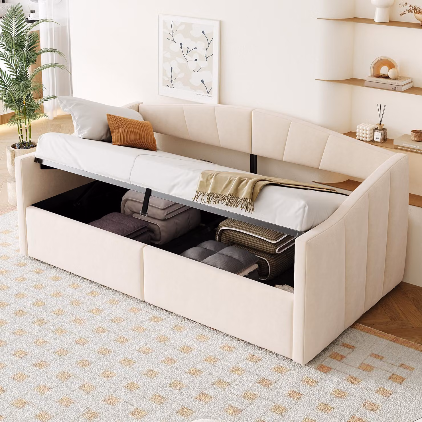 okwish divano letto 90x200 daybed con rete, letto singolo per bambini con schienale e braccioli, daybed con rete a doghe, beige (senza materasso)