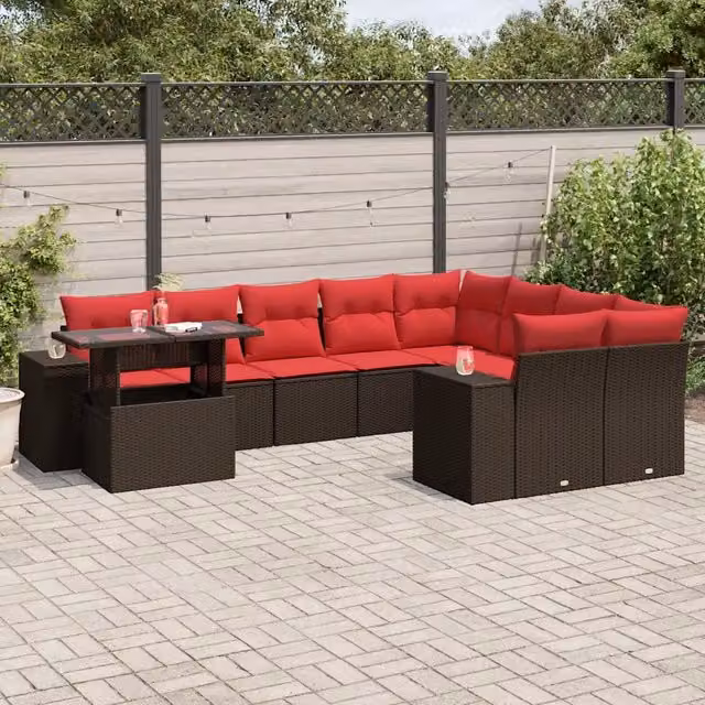 Set da giardino vidaXL composto da 10 pezzi in rattan e metallo con cuscini marroni e rossi e tavolino da caffè