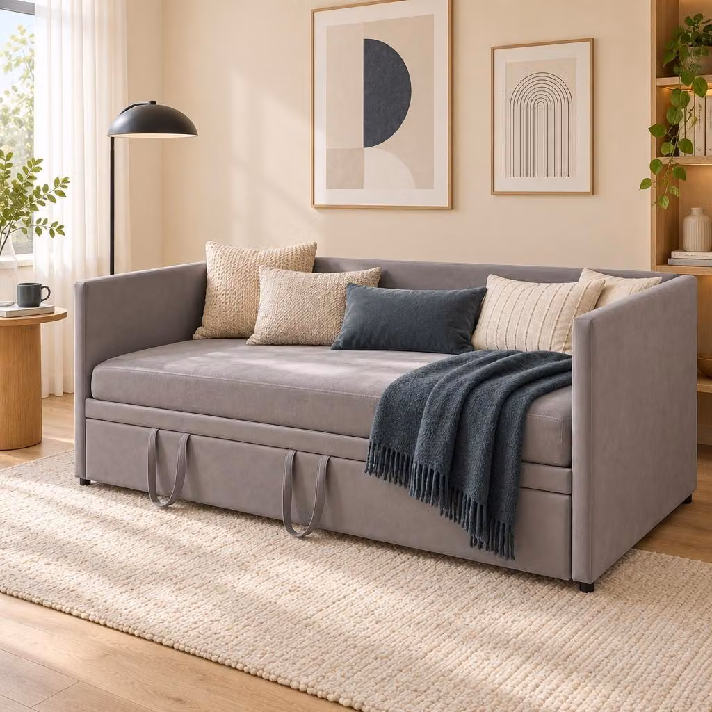 Divano letto INONEFT, 90/180 x 200 cm, divano trasformabile in letto, divano letto per il giorno, letto matrimoniale, divano letto imbottito con rete a molle, colore grigio, tessuto in velluto