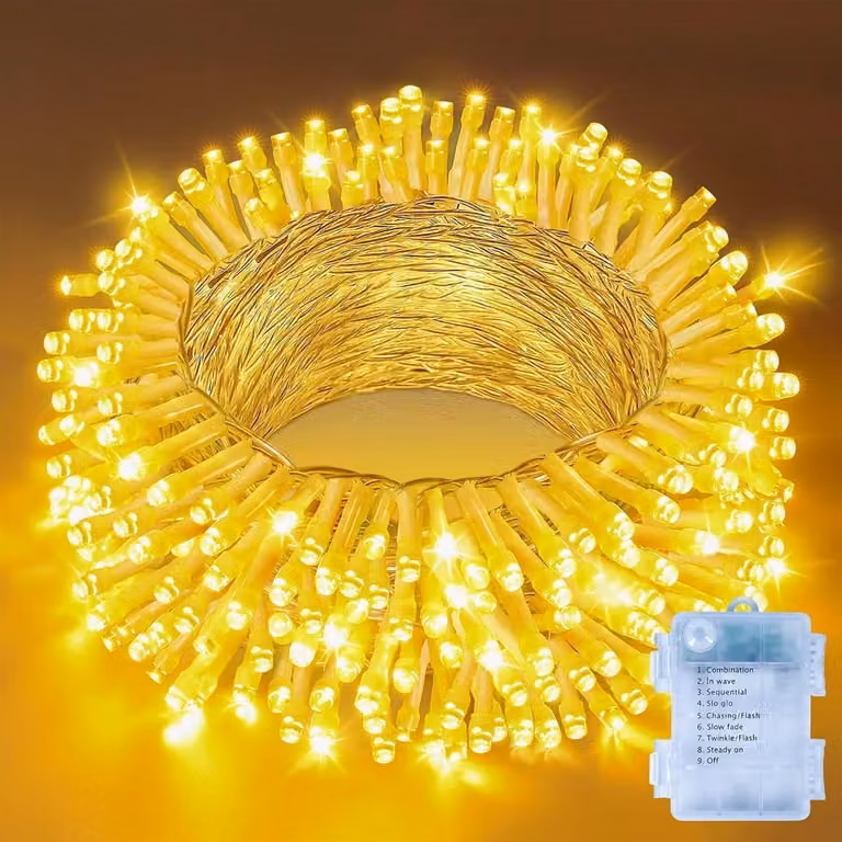 Catena luminosa a LED, 150 LED, 15 metri, alimentazione a batteria, luce bianco caldo, grado di protezione IP44