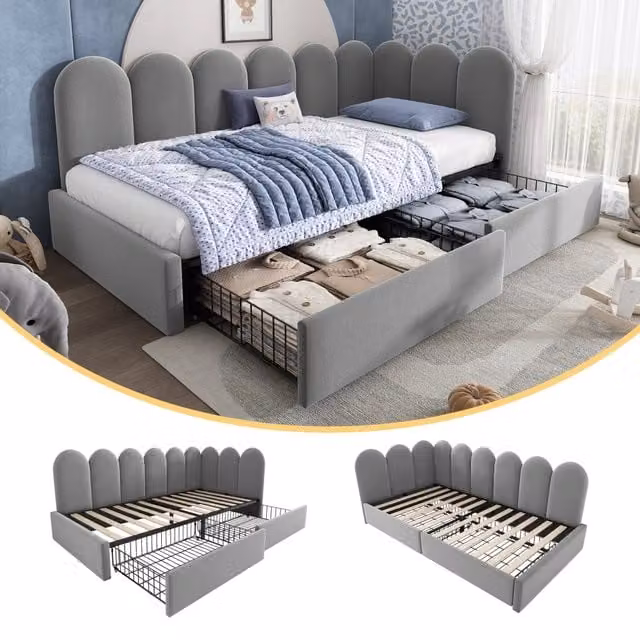 Letto imbottito singolo con cassetti e contenitore in velluto, divano letto 90x200 cm, per ragazzi e adulti - Grigio (senza materasso)