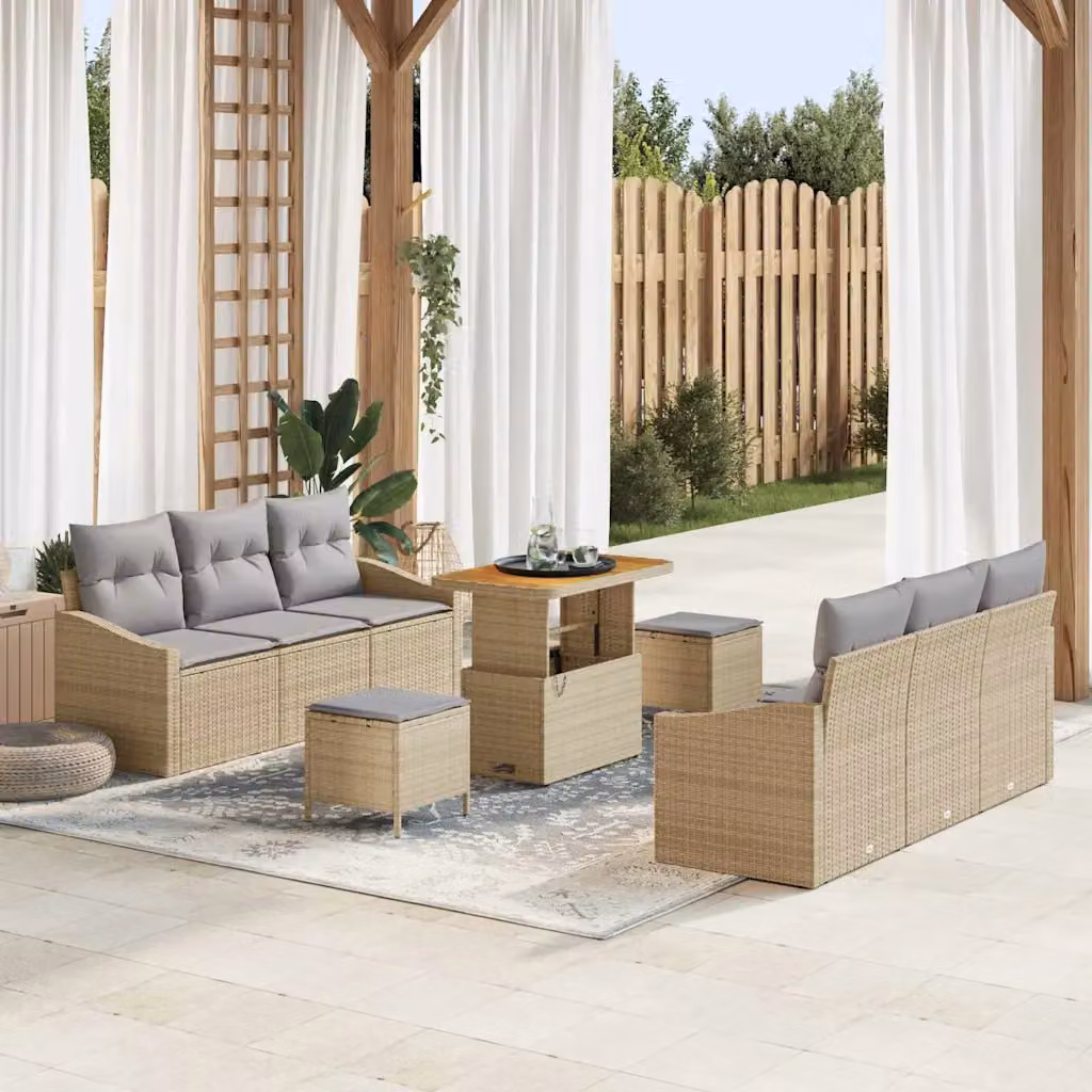 Set Divano da Giardino vidaXL in Polyrattan Beige con Cuscini, 9 Pezzi – 1