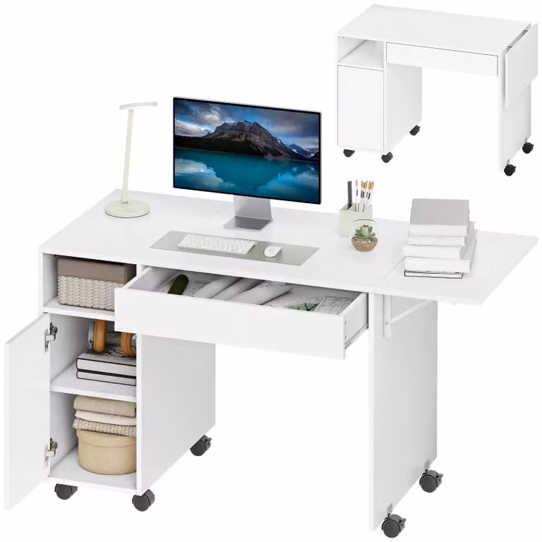 Scrivania computer portatile - Scrivania pieghevole - Con armadietto - Con cassetto - Con rotelle - In legno - 100 cm - Bianca