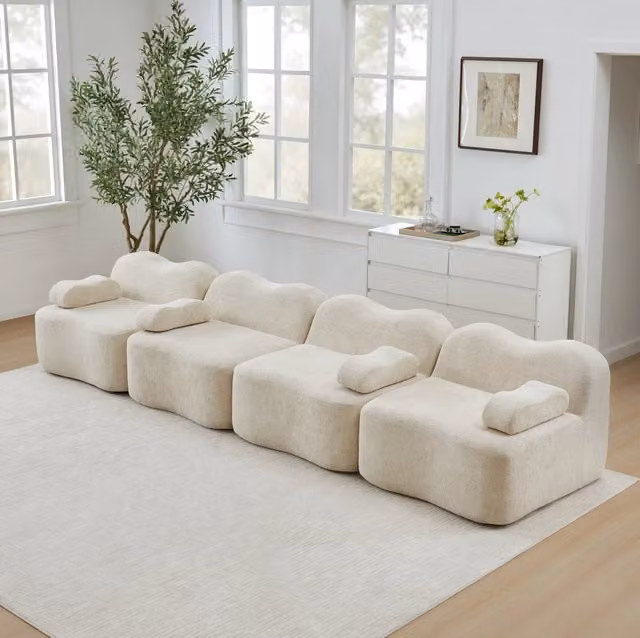 Divano modulare ondulato 384x98x70 cm senza struttura interna in velluto beige