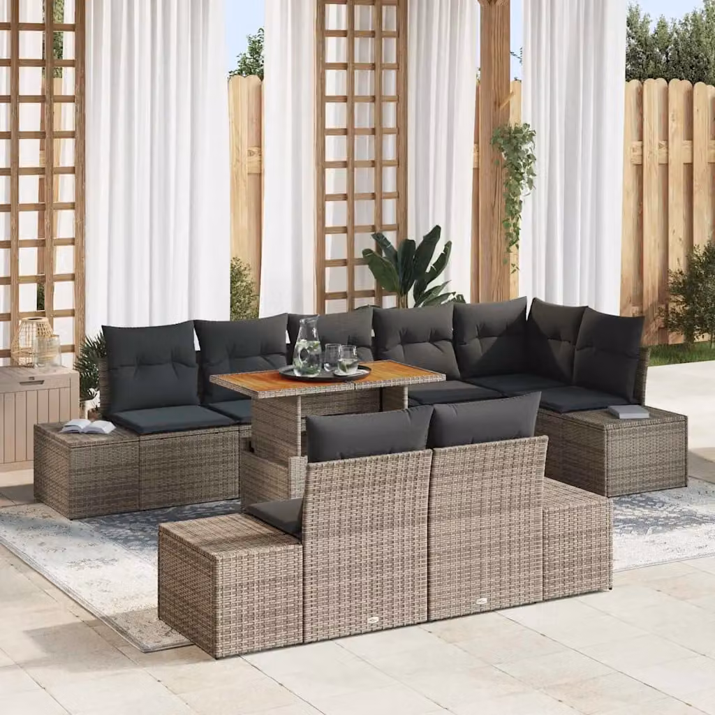 Set da pranzo da giardino moderno vidaXL in rattan e legno di acacia, 9 pezzi, Grigio e Marrone – 1
