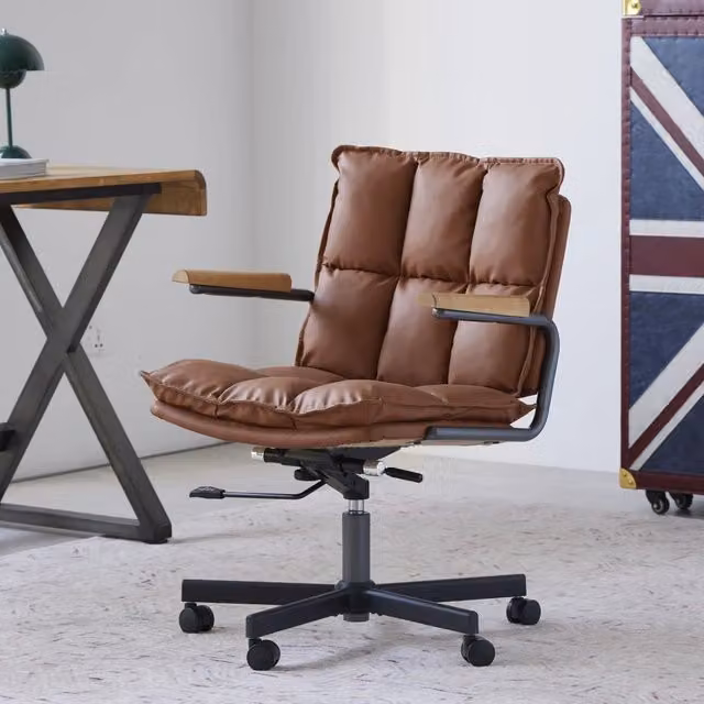 Sedia da Ufficio Ergonomica WISHDOR in Similpelle Marrone con Braccioli e Rotazione a 360° in Stile Mid-Century