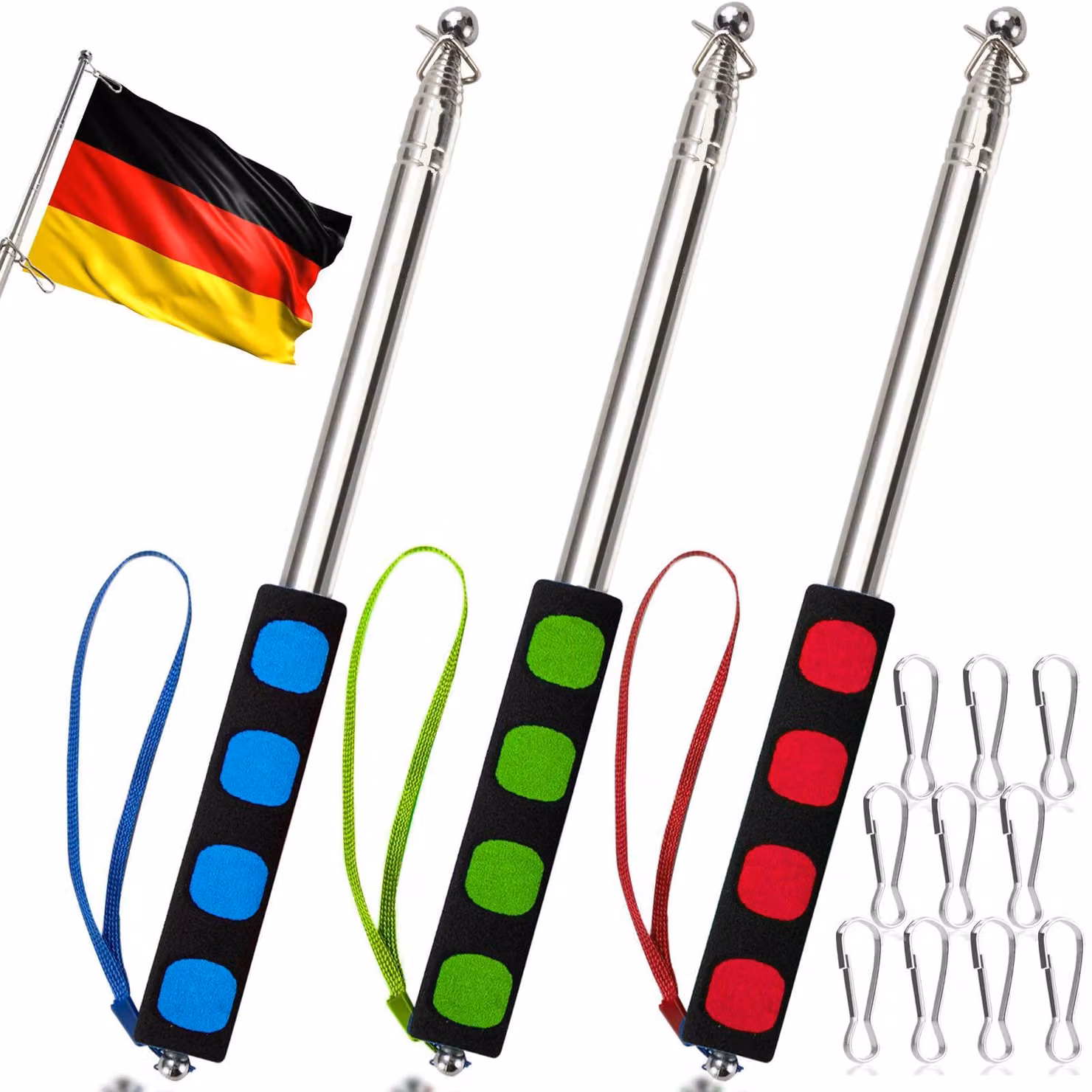 Set di pali telescopici per bandiere - 3 pezzi da 2 metri, con 10 clip per banner