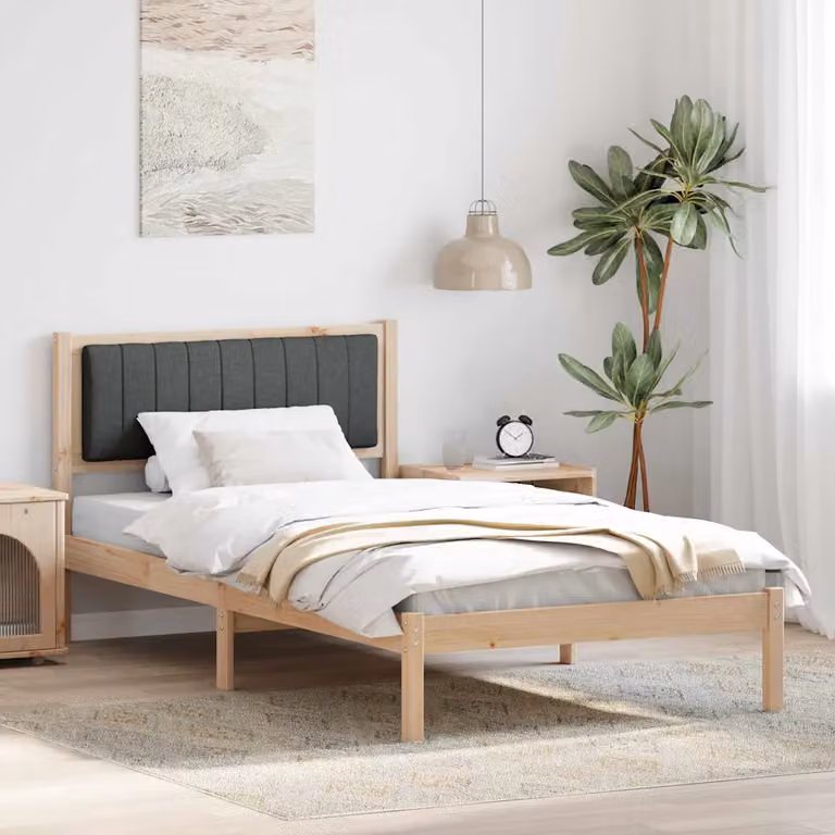 Letto con testiera rivestita vidaXL in legno di pino e tessuto, Grigio e Marrone, L 100 x P 200 cm