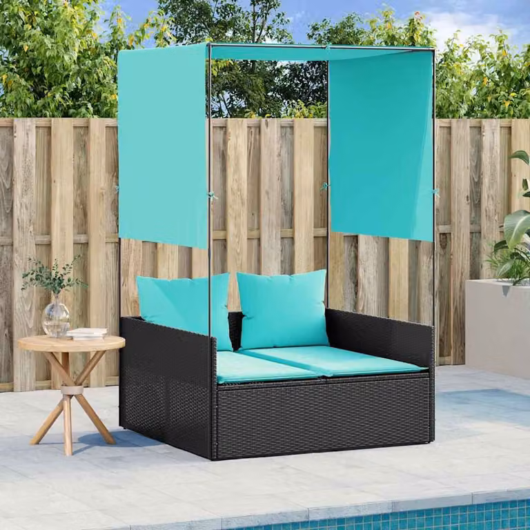 Lettino prendisole doppio vidaXL in Polyrattan nero con tettoia e tende blu