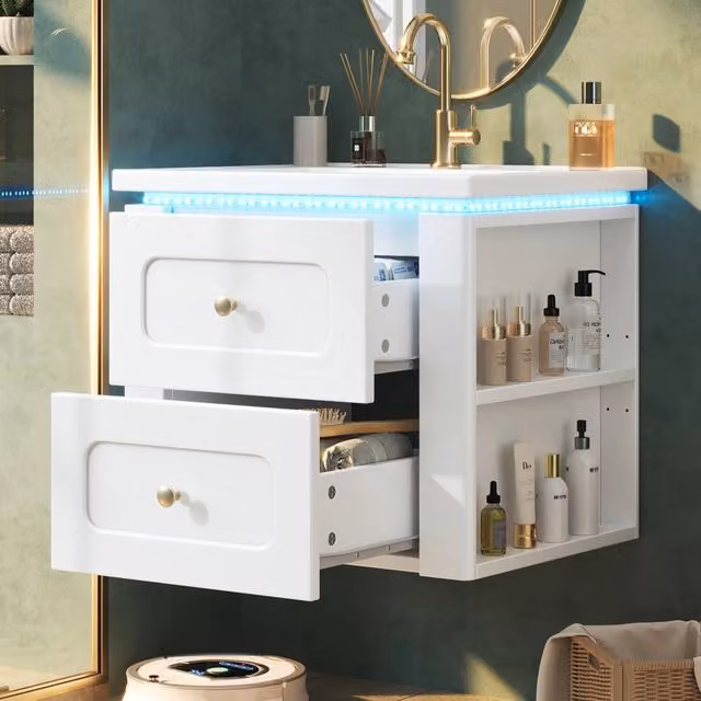 Mobile bagno sospeso 61x47x50 cm bianco lucido con lavabo in ceramica; LED e 2 cassetti