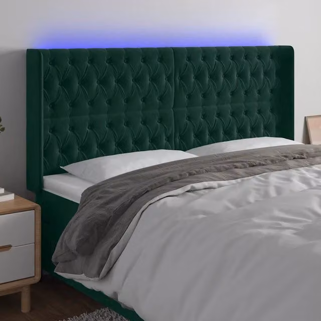 Testiera con LED e porta USB vidaXL in velluto verde scuro L: 203 cm, P: 16 cm, H: 118-128 cm