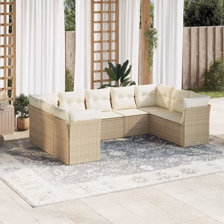 vidaXL Set Divano da Giardino 9 pz Moderno in Polyrattan con Cuscini Beige e Struttura in Acciaio Verniciato a Polvere