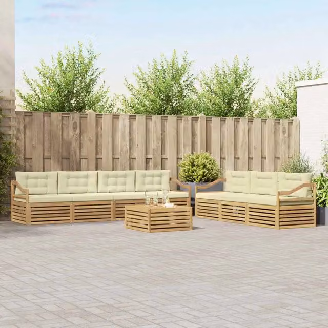 Set di mobili da giardino vidaXL composto da 8 pezzi con divani, tavolino e cuscini in legno di acacia e tessuto bianco e beige – 1