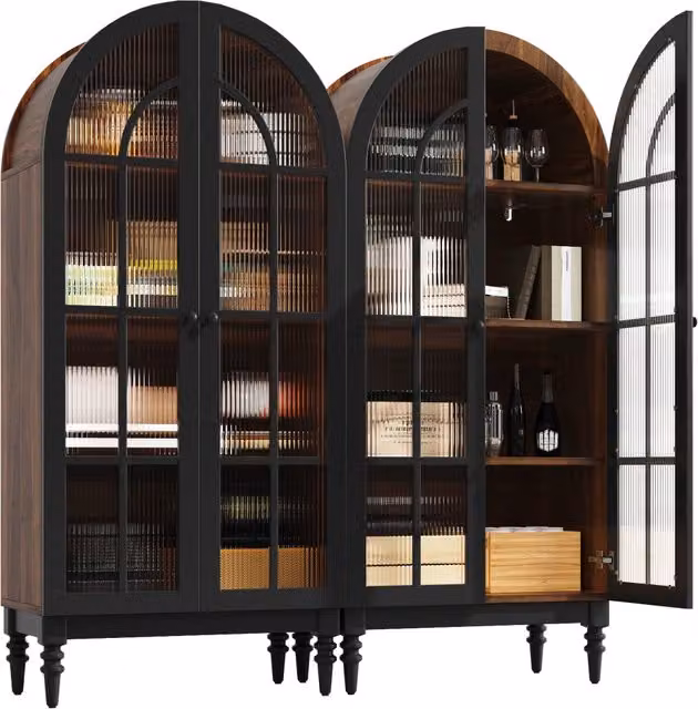 Set di 2 credenze alte con ante in vetro; 152 × 38;5 × 165 cm; MDF nero effetto legno; per soggiorno e cucina