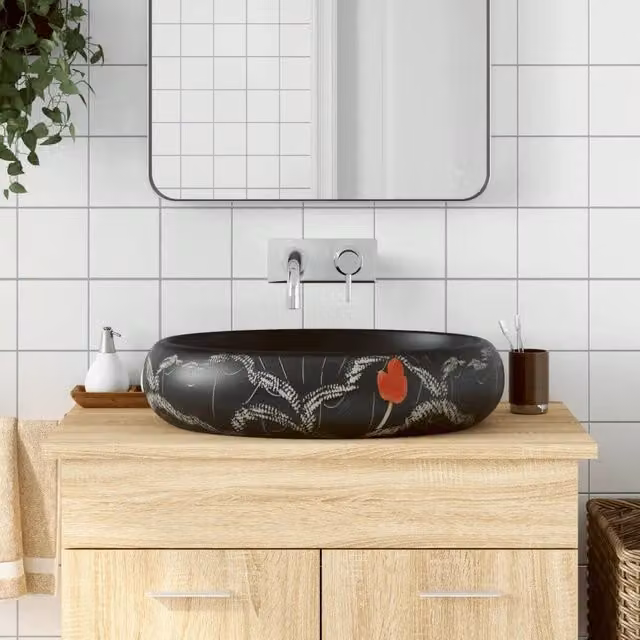 Lavabo da Appoggio-Lavandino-Lavello Nero Ovale 59x40x15 cm Ceramica