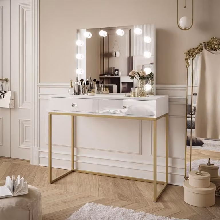 Tavolo da trucco BLANCO GOLD ELITE con specchio e illuminazione Oro opaco / Nero lucido, con maniglia in cristallo