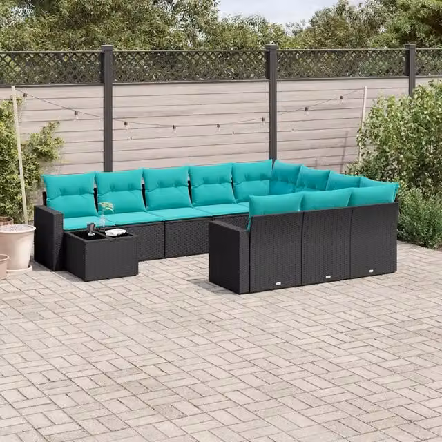 Set Divani da Giardino 11 pz con Cuscini Nero in Polyrattan 3219517