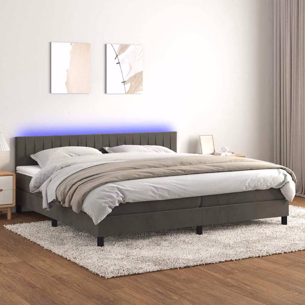 vidaXL Letto Ibrido con Materasso, Illuminazione LED Sotto il Letto e Porta USB, Rivestimento in Velluto Grigio e Bianco, L/P: 200 x 200 cm – 1