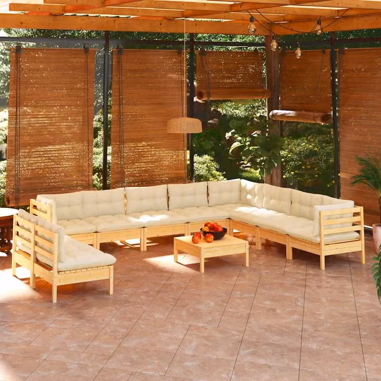 Set di Divani da Giardino vidaXL 11 Pezzi in Legno di Pino Massello con Cuscini Beige a Forma di L