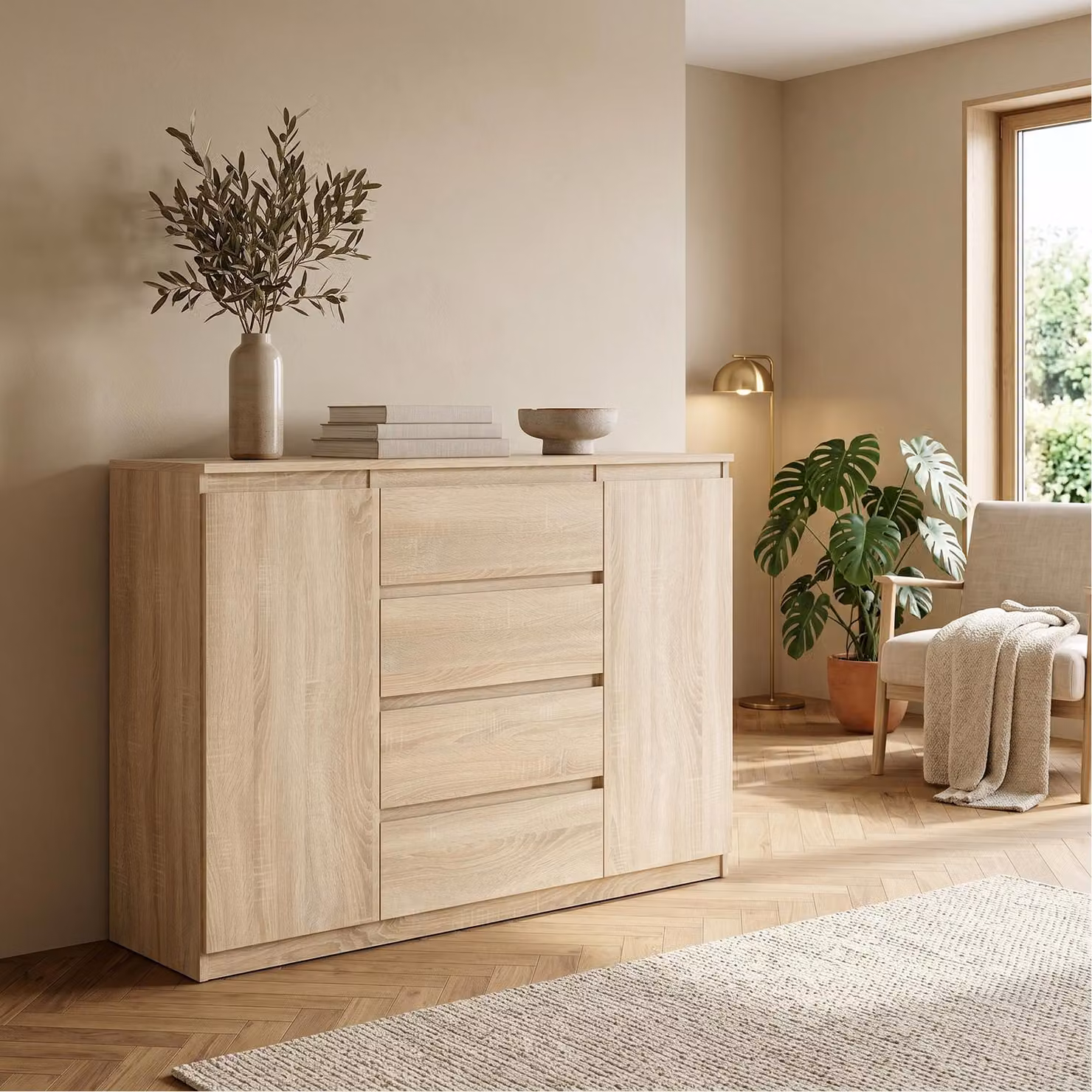 Comodà Masseno NUDO da 120 cm con 4 cassetti e 2 ante per soggiorno e camera da letto, stile moderno, 120x39x101,5 cm, rovere Sonoma / rovere Sonoma