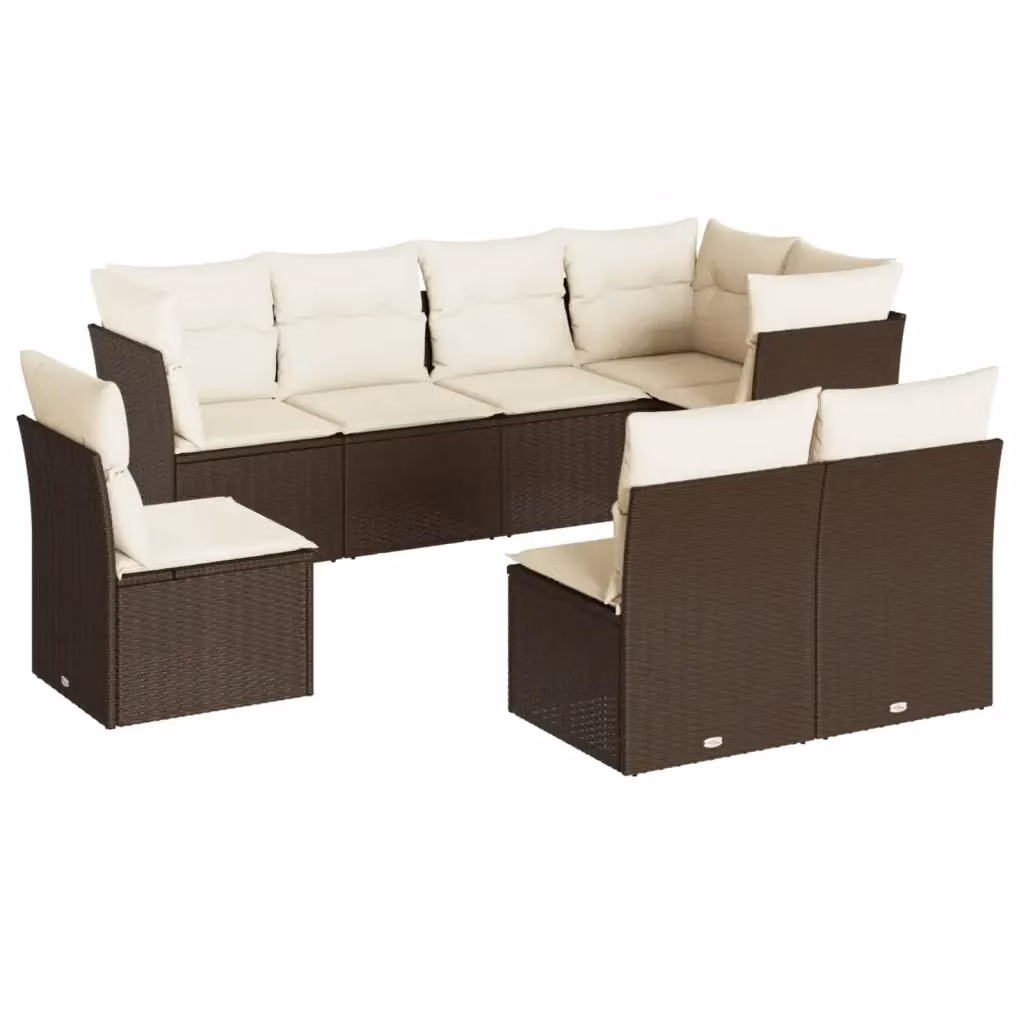 vidaXL Set Divani da Giardino 8 pz a Forma a L in Polyrattan Marrone con Cuscini Bianchi – 2
