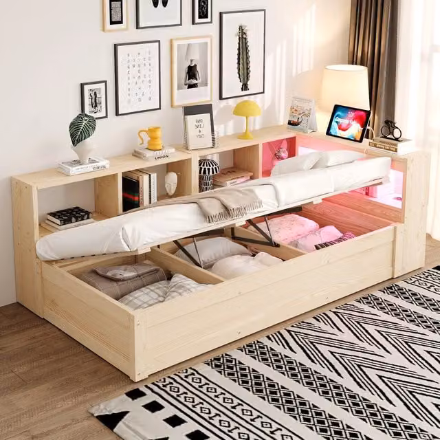 Divano letto contenitore con LED ¨C Minimal ¨C Legno massello 90x200 cm idraulico