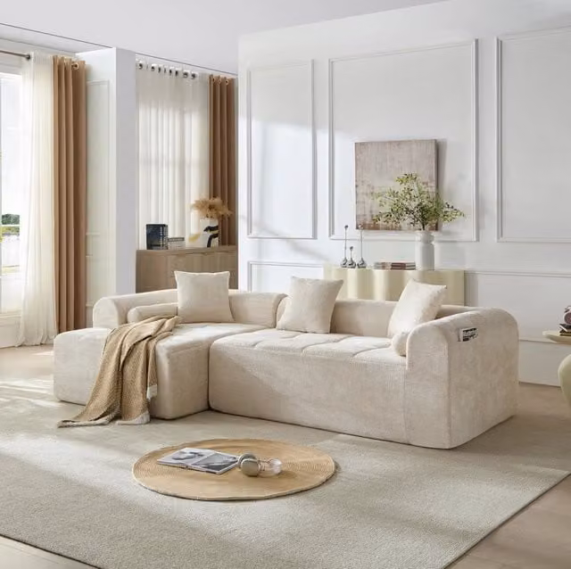 Divano in ciniglia beige con molle e tasca laterale; 263 × 132;5 × 68 cm