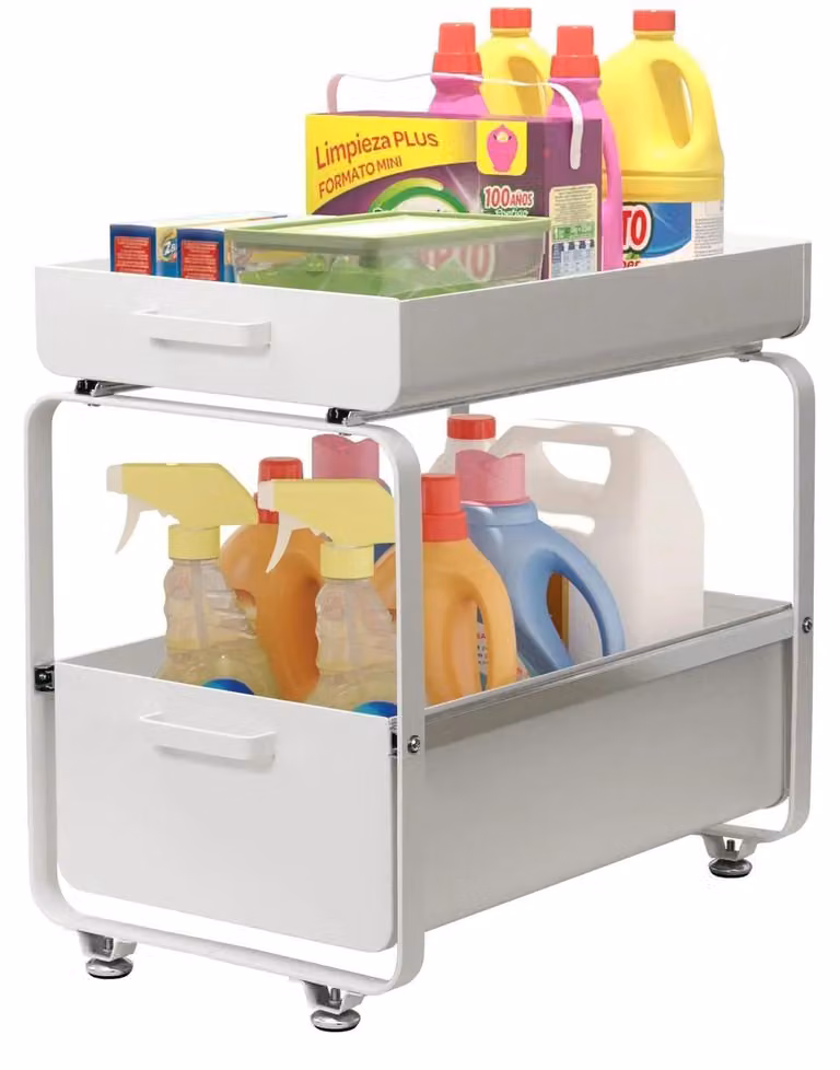Organizer per mobili sotto lavello - Scaffale estraibile a 2 ripiani - Acciaio - Per mobili da cucina e da bagno - Salvaspazio - Bianco
