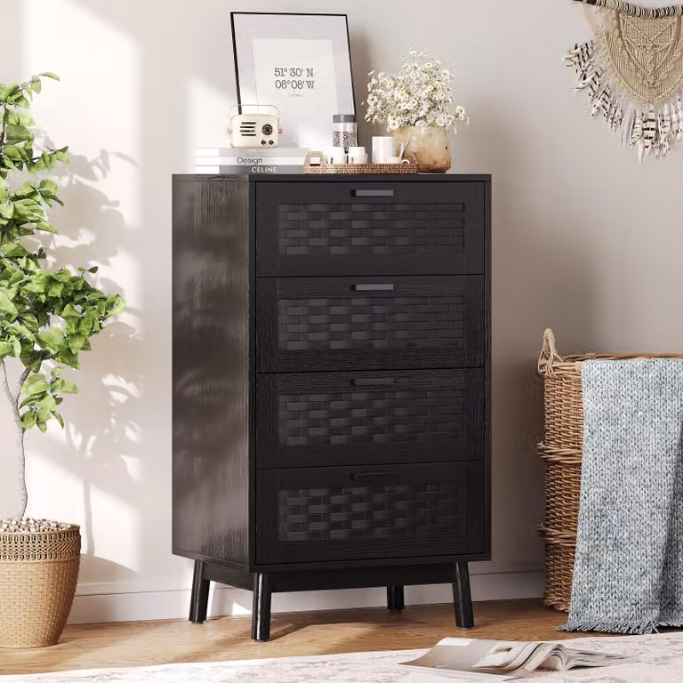 Comodino INONEFT con 4 cassetti, ideale per la camera da letto, in legno, mobiletto contenitore con cassetti, in legno, colore nero