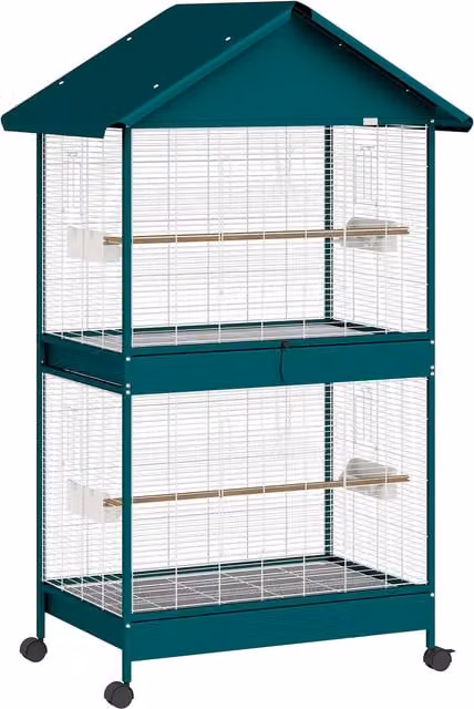 Gabbia per uccelli PawHut con ruote, separatore rimovibile, 6 mangiatoie, 4 posatoi e 2 vassoi estraibili, Verde, H 158 x L 94 x P 70 cm