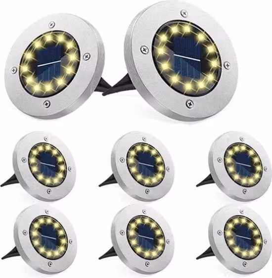 Lampada da incasso solare per giardino in acciaio inossidabile argento con LED luce bianca calda e sensore crepuscolare IP65