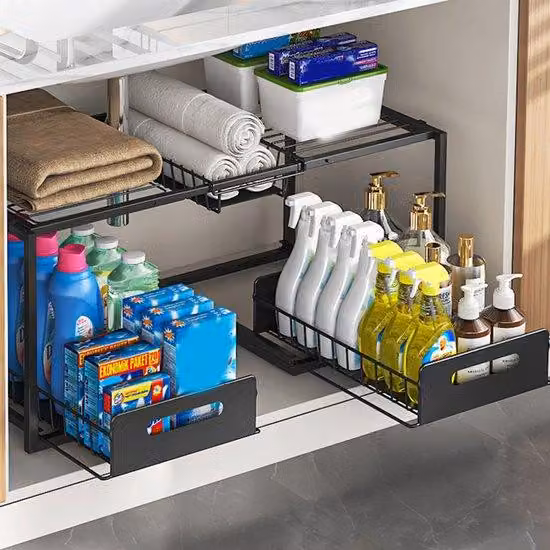 Organizzatore compatto per lavabo - Mobiletto sotto lavabo - Risparmio di spazio - Design estraibile - Regolabile da 65 a 73 cm - Nero
